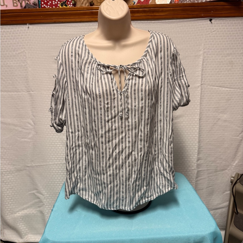 Shirt: Striped Gray Women's Top